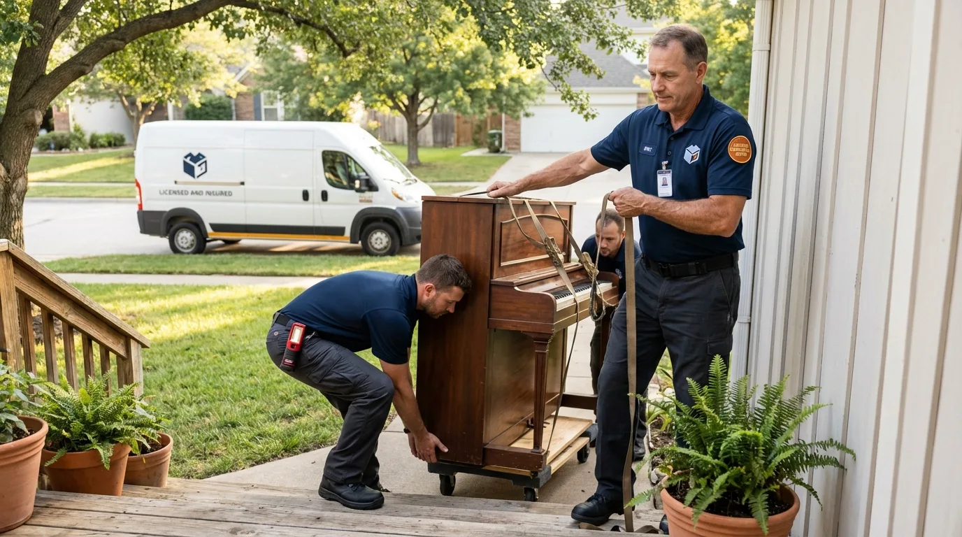 Licensed piano movers securing grand piano in Wolcottville, IN