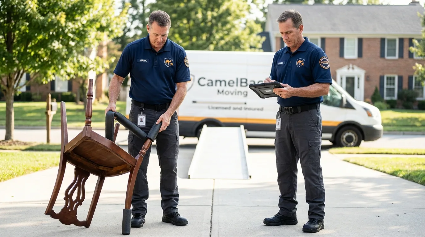 Movers inspecting furniture for damage prevention before loading in Wolcottville, IN