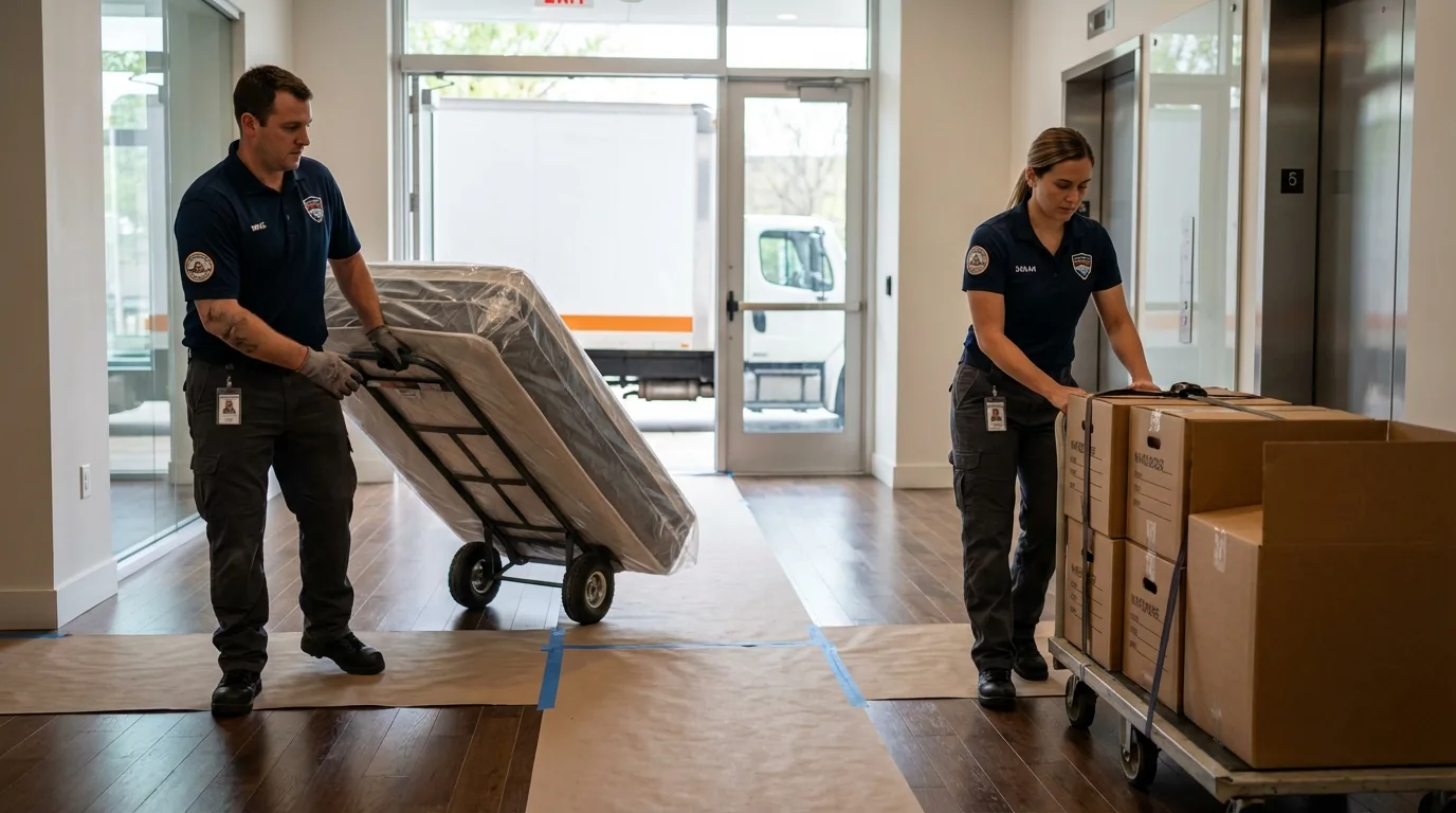 Professional apartment movers loading elevator in Wolcottville, IN